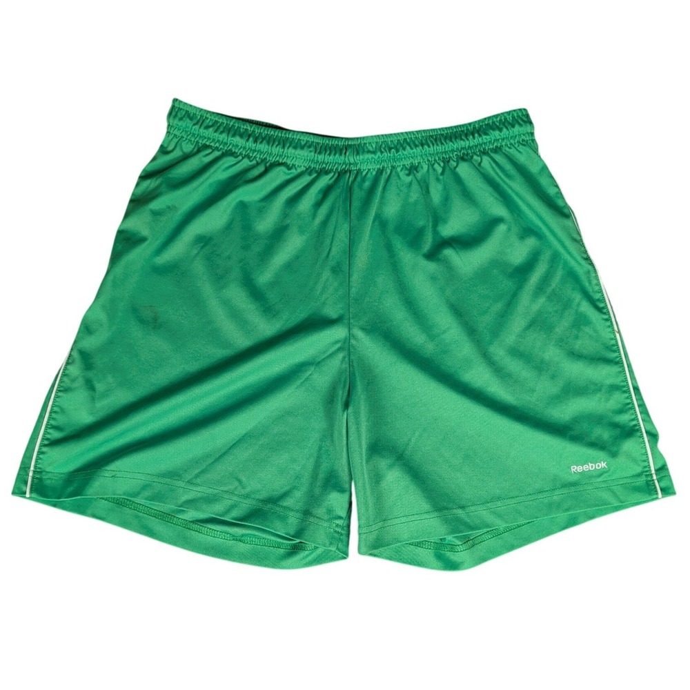 Reebok Mens Athletic Shorts Green White Piping Elastic Waist Drawstring Mesh